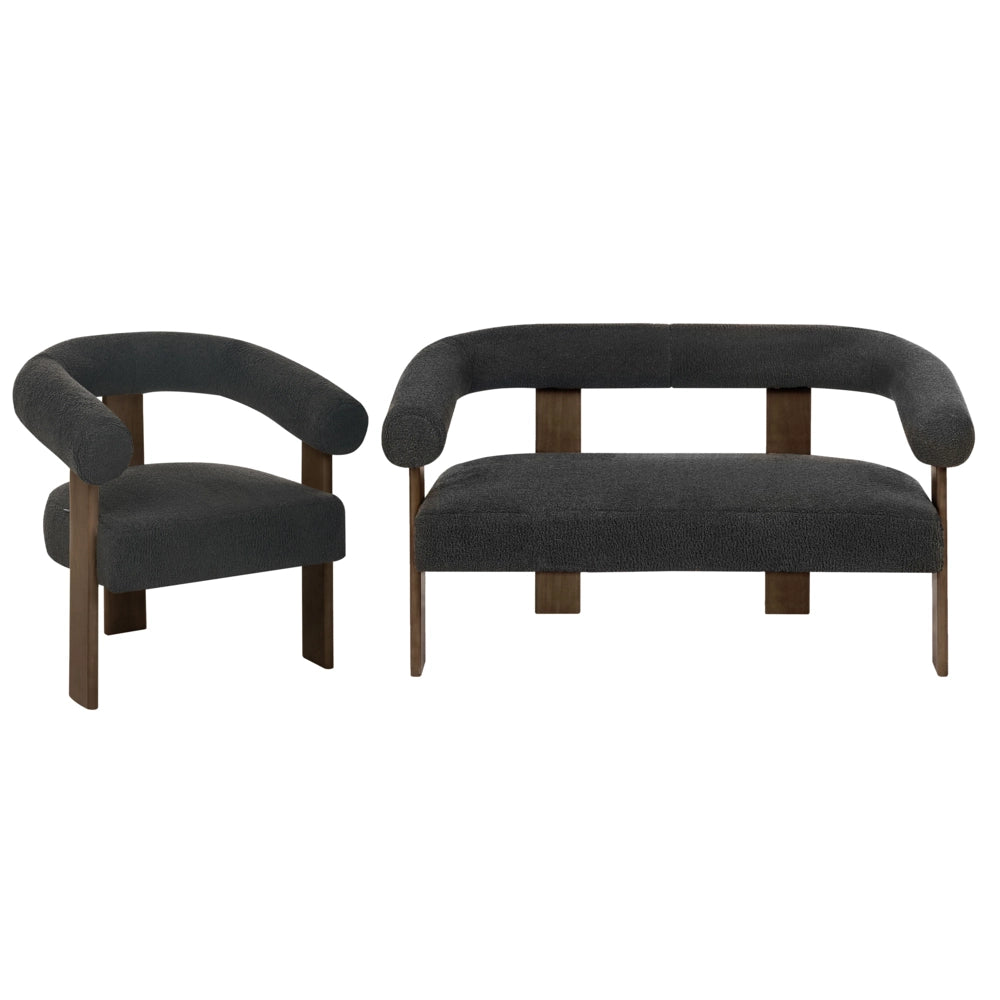 Set da salotto divano a 2 posti poltrona imbottita bouclé nero e marrone scuro stile retrò soggiorno