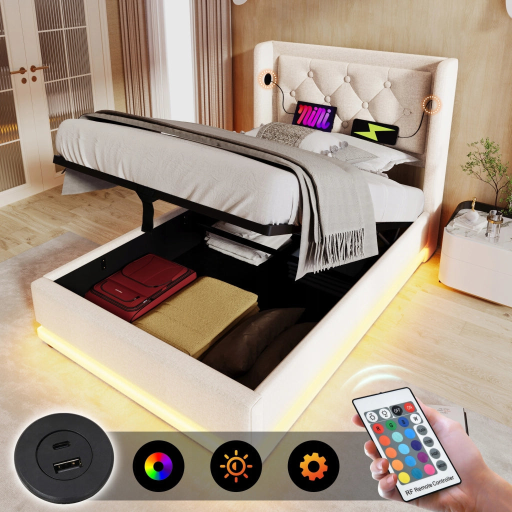 Letto singolo 90x200 - Xylo - Beige con LED RGB e materasso incluso
