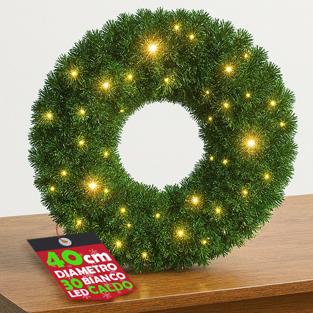 Corona Ghirlanda Natalizia Verde 40 cm con 30 LED Bianco Caldo per Addobbi