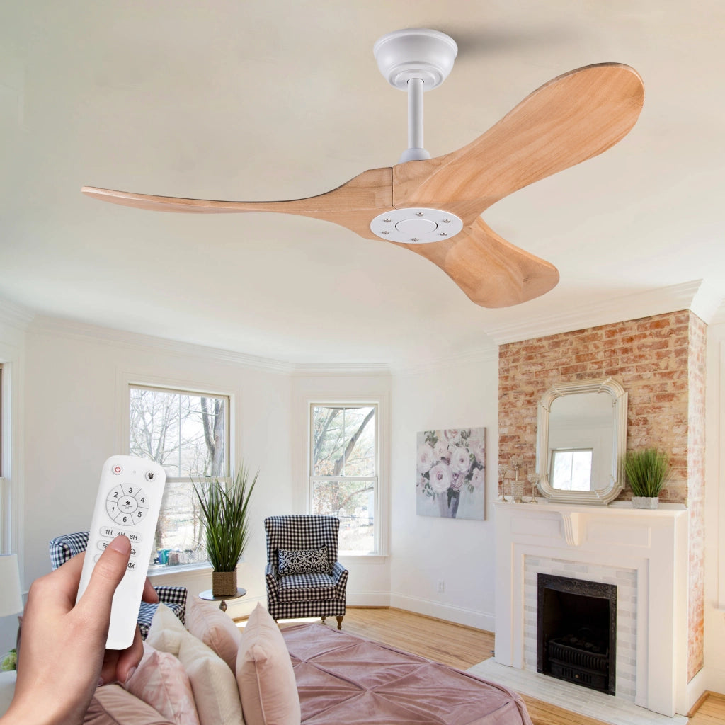 Ventilatore da soffitto 42 pollici, 3 pale legno, design ad elica, funzione memoria, telecomando, finitura noce, per terrazze e soggiorni