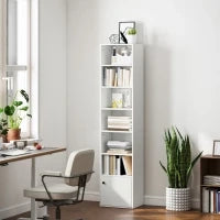 Libreria a 7 Livelli in Stile Moderno con Ripiani Aperti e Anta 40x30x180 cm Bianco