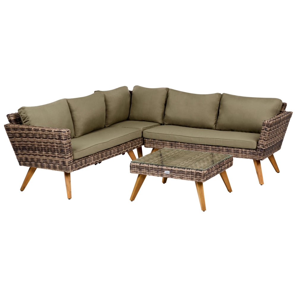 Set da giardino in rattan PE chiaro divano angolare 6 posti cuscini verde oliva tavolino da caffè stile country
