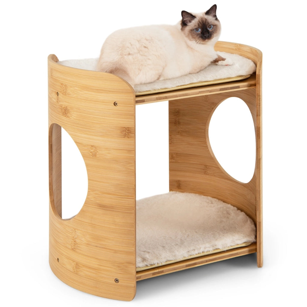 Letto rialzato per gatti a 2 livelli con struttura in bamb¨´ tappetini rimovibili e lavabili-Albero per gatti Beige