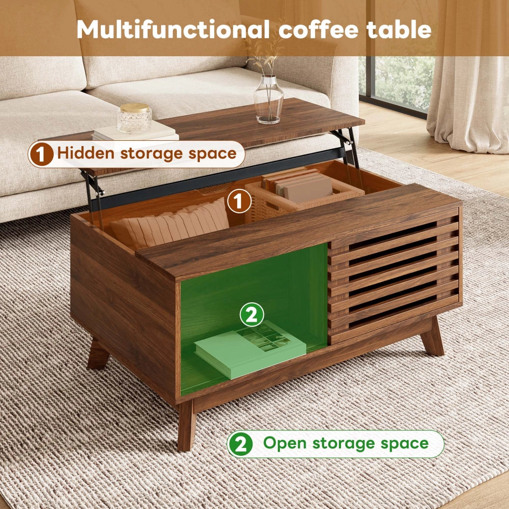 Tavolino basso con piano sollevabile e porta a persiana scorrevole per soggiorno in MDF noce 90 × 55 × 57,5 cm
