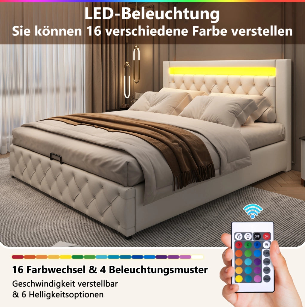 Letto imbottito 140x200 cm con contenitore; rete a doghe; LED regolabile e rivestimento in PU bianco