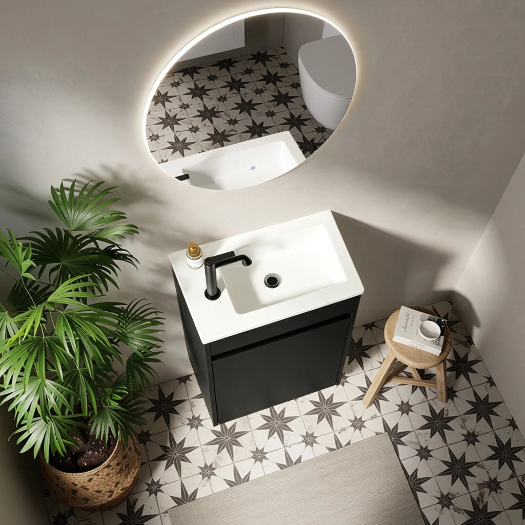 Mobile bagno nero compatto 46 cm con porta soft-close per chiusura silenziosa