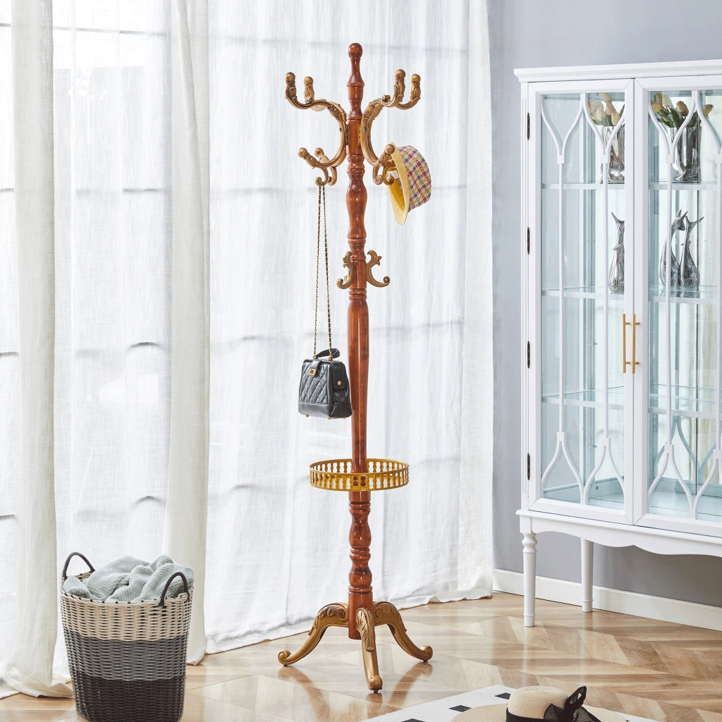 Scaffale appendiabiti in legno massiccio con struttura a più livelli e ganci, base stabile, color legno 195 × 31 × 48 cm