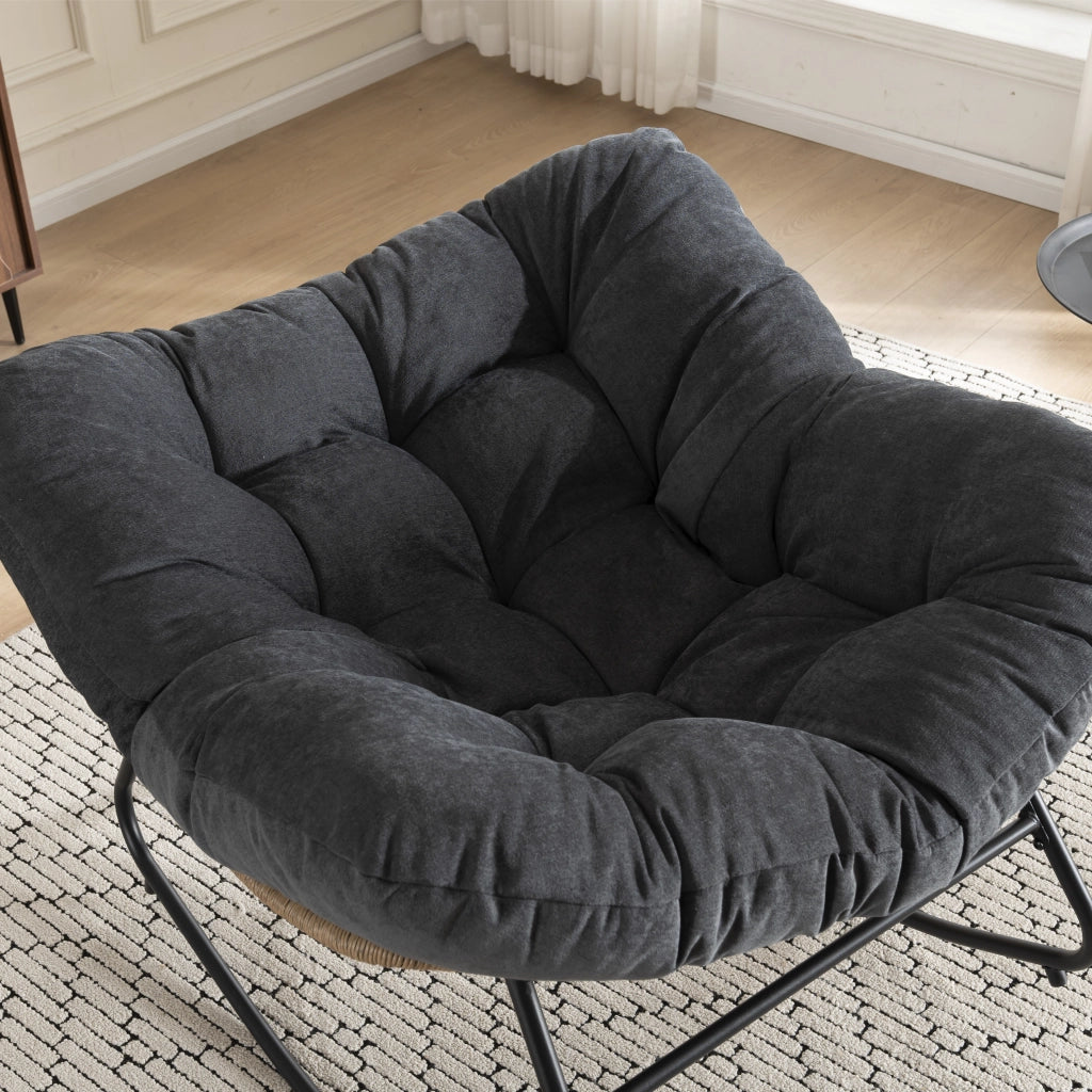 Poltrona a dondolo papasan in ciniglia con struttura ergonomica e funzione relax per soggiorno, camera da letto e terrazzo, nero