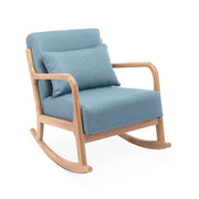 Poltrona scandinava a dondolo in legno e tessuto con braccioli, blu