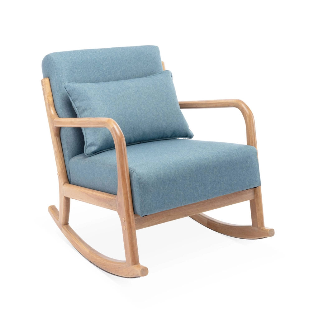 Poltrona scandinava a dondolo in legno e tessuto con braccioli, blu