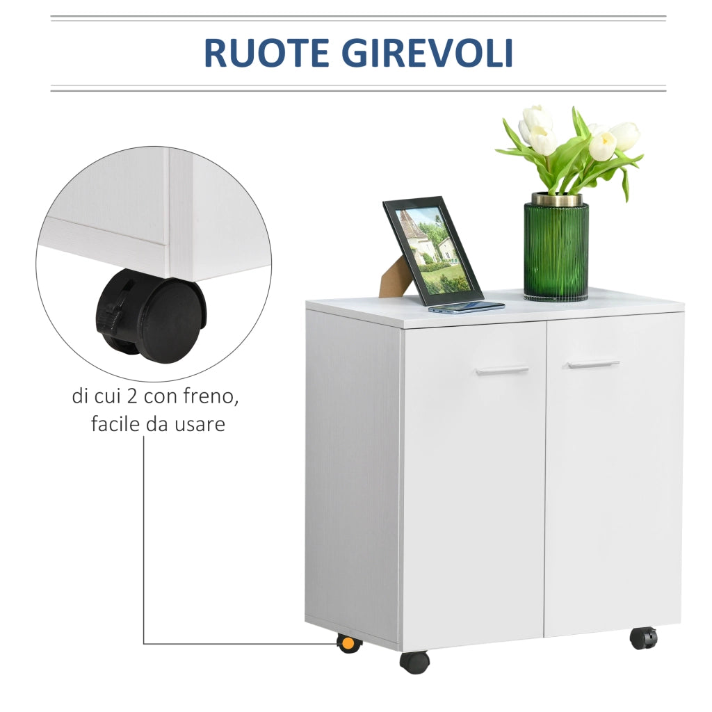 EasyComfort Mobile TV Moderno Multiuso in Legno con 4 Ruote e Freni, 2 Ante con 2 Ripiani, 60x35x65 cm, Bianco