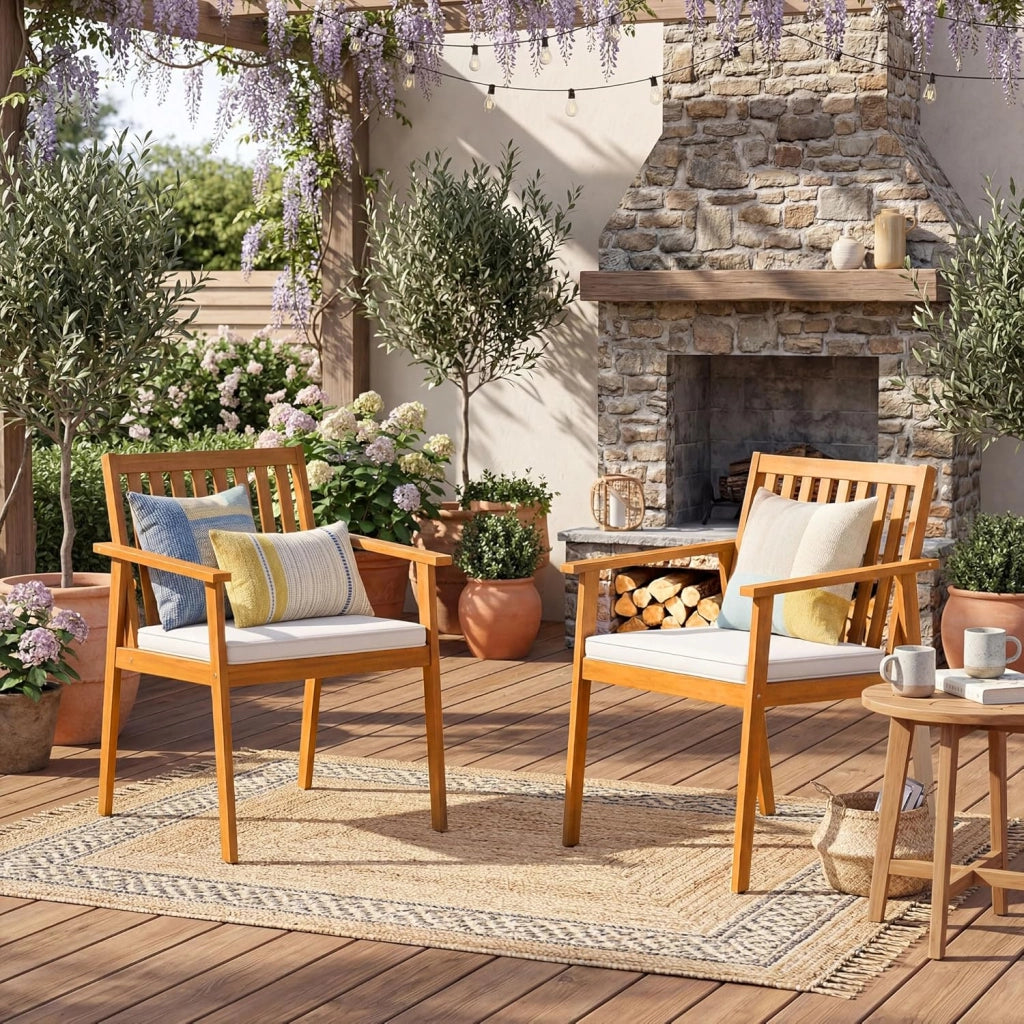 Set di 2 Sedie da Giardino Ergonomiche con Cuscino Rimovibile, Sedie da Pranzo con Braccioli, Poltrona in Legno di Acacia da Terrazza, Balcone, Cortile, Portata 180kg (Giallo Teak)