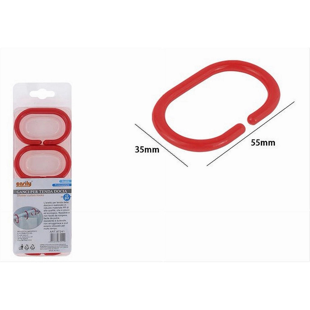 Trade Shop - Set 12 Pz Anelli Gancio Per Tenda Da Doccia Box Bagno In Plastica Pp Rosso 87241 -