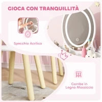 Set Toeletta per Bambini da 3 Anni con Specchio Illuminato e Sgabello, 2 Cassetti e 2 Scatole, Bianco