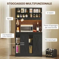 Credenza da Cucina Alta Stile Rustico con 2 Armadietti, Portabottiglie, Prese di Ricarica e Luci LED, Nero