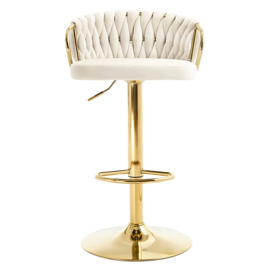 Sgabello da bar girevole in velluto crema bianco con braccioli, altezza regolabile 77-98 cm