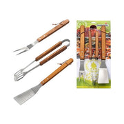 Ompagrill 03430 Set 3 Utensili Barbecue Acciaio Inox Manico Legno Massello 40 cm