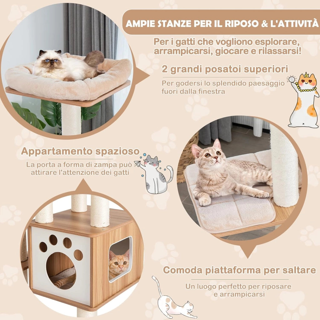 Albero Tiragraffi per Gatti 176 cm, Tiragraffi per Gatti con 2 Trespoli in Tessuto Felpato, Arco Massaggiante, Cuccia Spaziosa, Pali in Sisal e Tapettini Lavabili, Ideale per Gatti Grandi