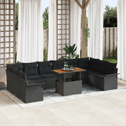 Set da Pranzo da Giardino 11 Pezzi con Cuscini Neri in Polyrattan e Acacia