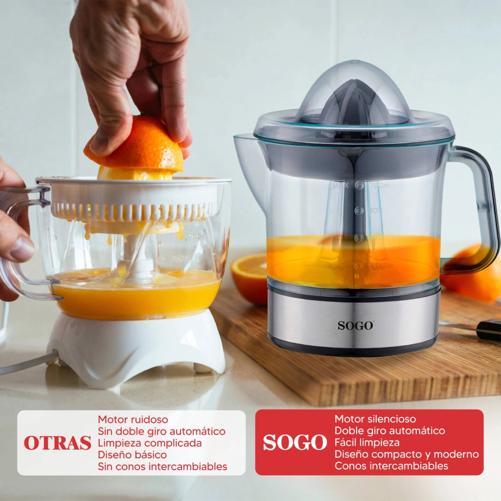 Spremiagrumi elettrico automatico 40W, caraffa trasparente 0,7 litri con coperchio, doppio cono per agrumi - SOGO