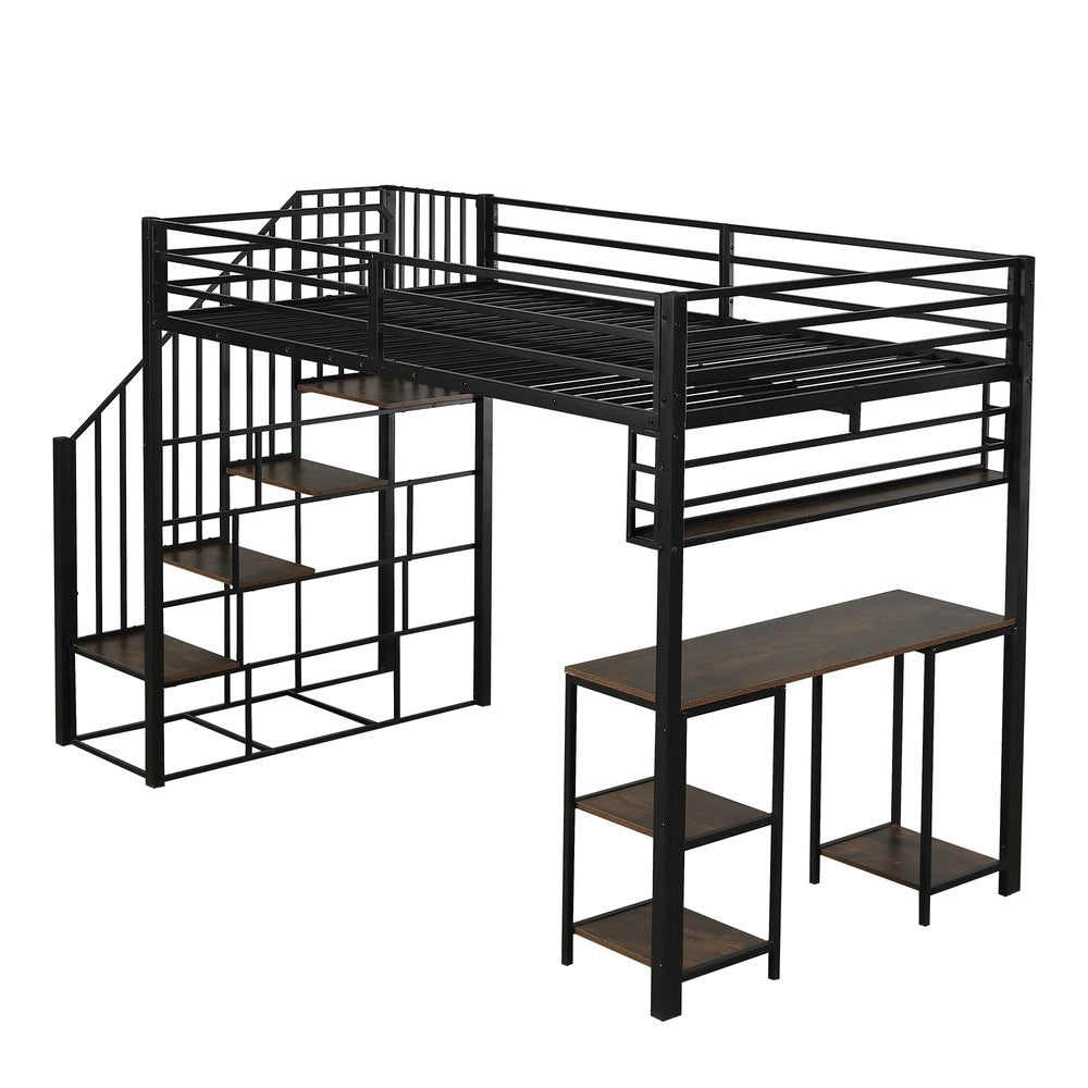 Letto a Soppalco con Scrivania e Scaffale ¨C Xylo ¨C Metallo, Nero, 120x200