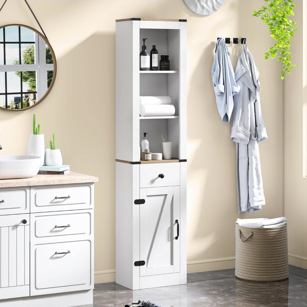 Armadietto da bagno alto 173 cm organizzatore stretto con cassetto, Armadietto da bagno soggiorno e cucina Bianco-Armadietti da bagno