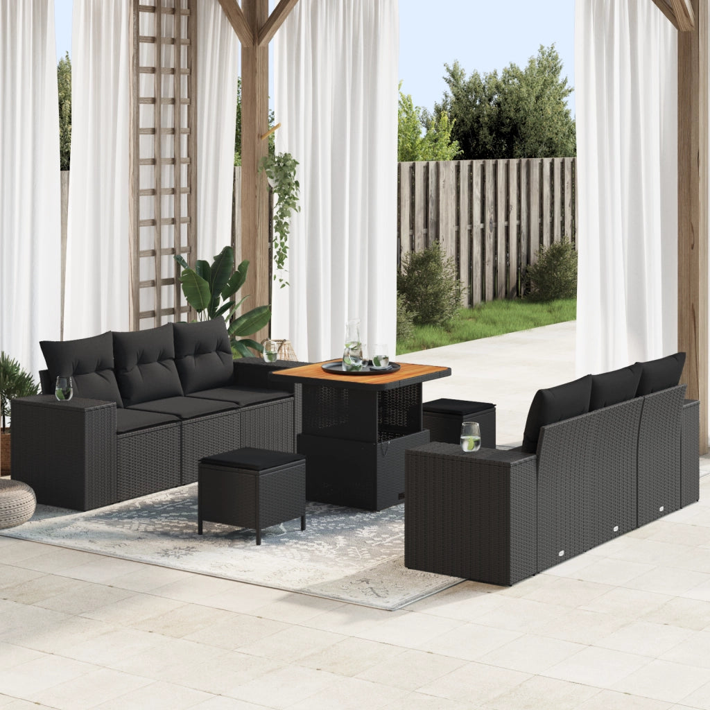 Set Divano da Giardino 9 Pezzi con Cuscini Nero Polyrattan Acacia
