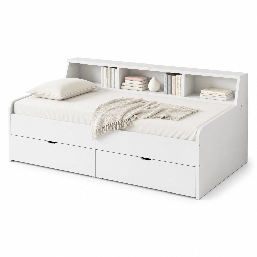 Letto daybed 90x200 cm con 2 cassetti e vani contenitore, bianco