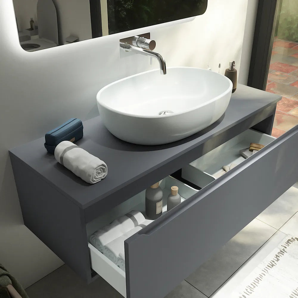 Mobile bagno sospeso 120 cm grigio opaco un cassettone con top | Bako