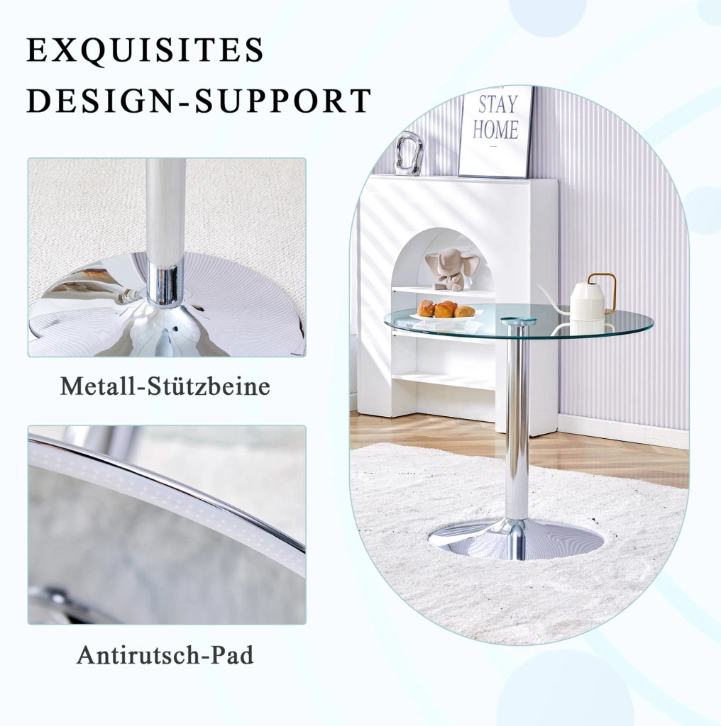 Tavolo Bar Rotondo in Vetro Trasparente 85 cm con Base in Metallo Argento 76 cm Altezza