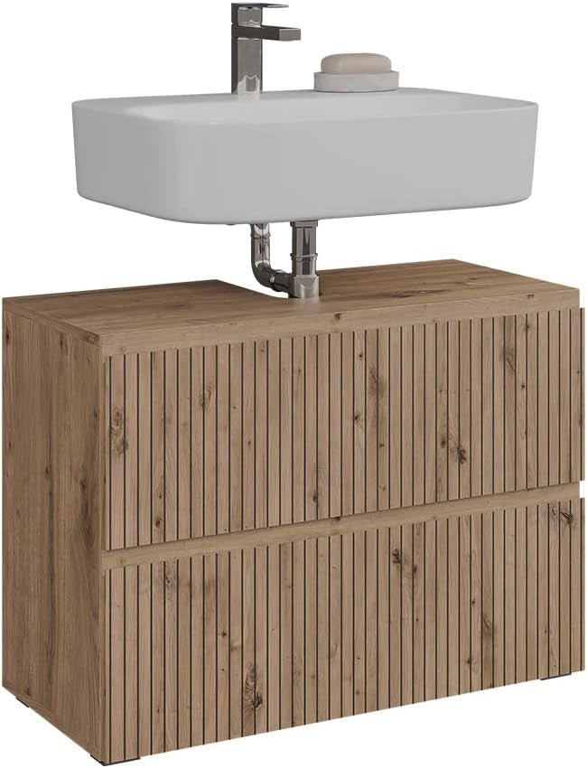 Mobile sottolavabo per bagno Takumi, Artigiano, 80 x 58 cm con 2 cassetti, per la conservazione e l'organizzazione degli accessori da bagno