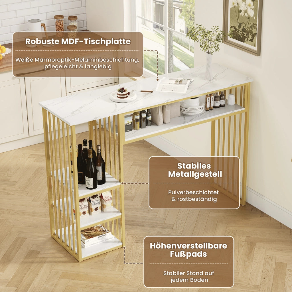 Tavolo da bar con ripiani aperti e struttura in metallo, piano in MDF effetto marmo, per cucina e sala da pranzo, 140 × 40 × 105 cm
