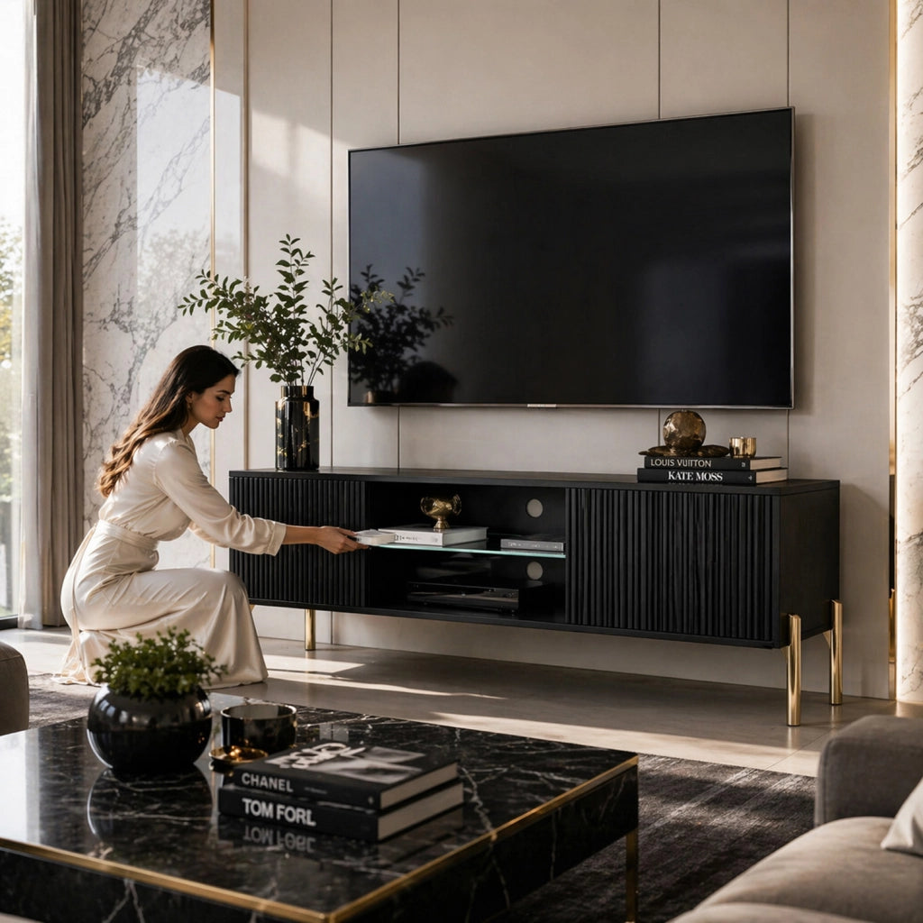 Mobile TV Moderno Con Due Ante Battenti Vano Centrale A Giorno Ripiano Vetro Passacavi Posteriori Melaminico Per Soggiorno Design Living Contemporaneo 135 X 31 X 47 Cm Nero