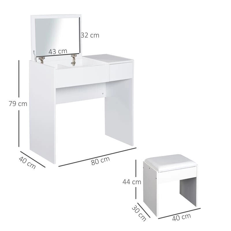 MOBILE TOLETTA CON SPECCHIO SGABELLO CASSETTO E TAVOLO CONSOLLE BIANCO 80 X 40 X 79 CM