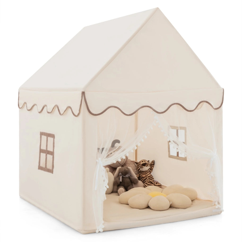 Casetta con tenda struttura in legno e tappetino di cotone, Casa con tenda porta e finestra per bambini Marrone-Tende e Casette per bambini