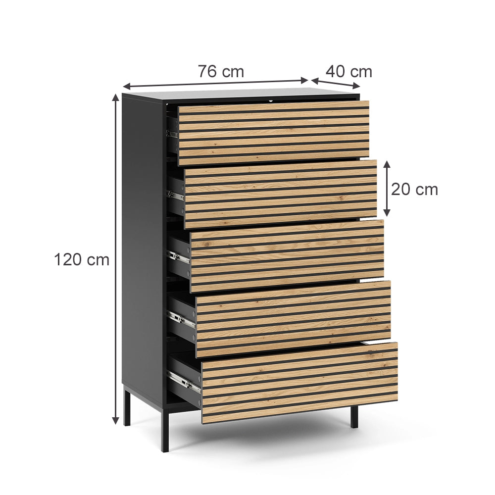 Vicco Cassettiera Nero/quercia 76 x 120 cm con 5 cassetti