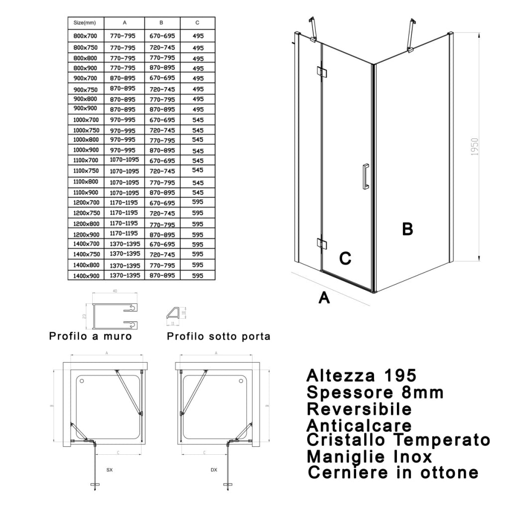 Box doccia due lati con porta battente 8mm h195 regina, misura 90x90