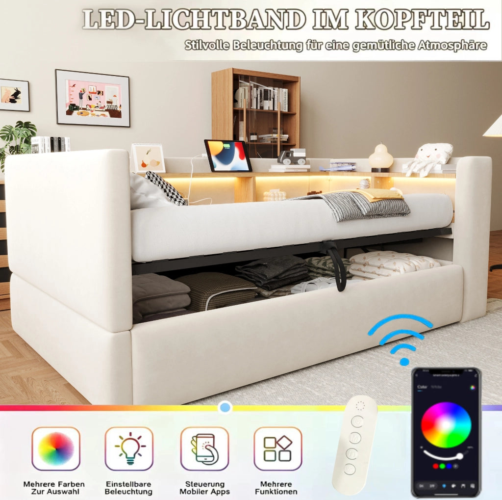 Divano letto imbottito 90x190 cm con contenitore idraulico; LED e prese; beige