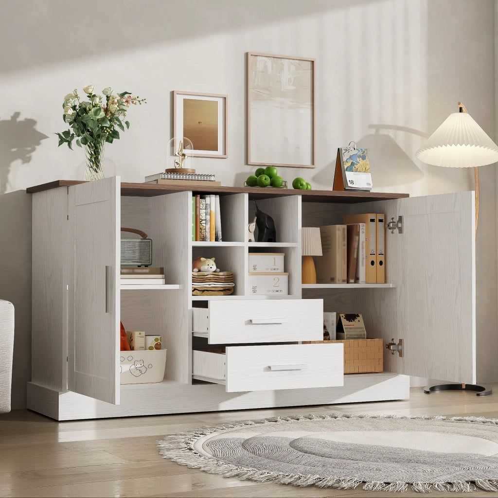 Sideboard 140x40x79,5 cm, legno bianco e marrone, 2 ante, 2 cassetti