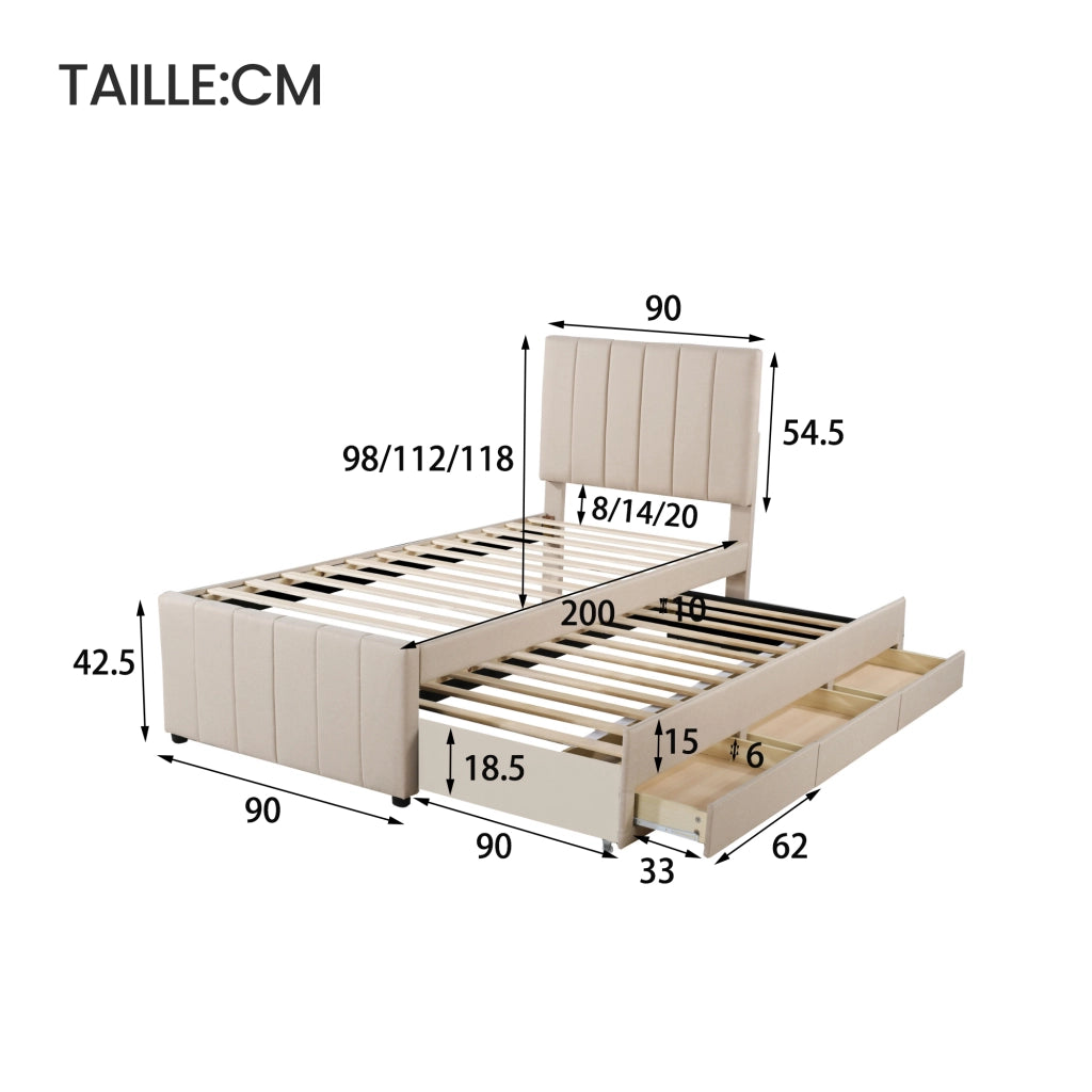 Letto imbottito singolo 90×200 cm con letto estraibile e 3 cassetti; rete; senza materasso; beige
