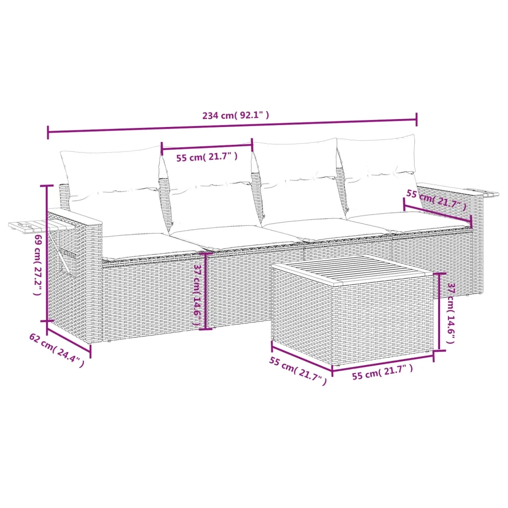 Set Divani da Giardino 5 pz con Cuscini in Polyrattan Nero 3259018