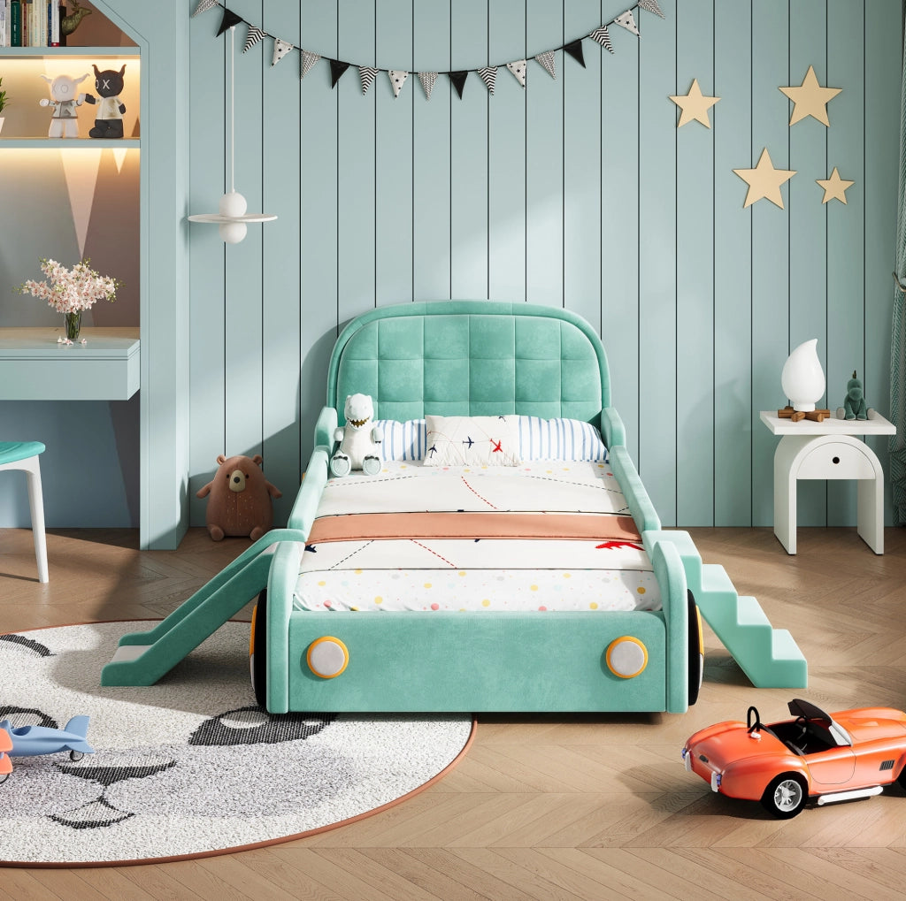 Letto per bambini a forma di auto con scivolo e scala, montaggio sinistro/destro, imbottito blu-verde, 90x200 cm