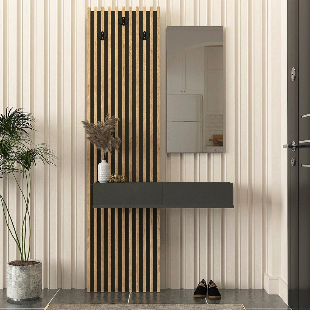 Mobile ingresso Elois con 3 ganci appendi abiti e specchio in colore antracite e rovere