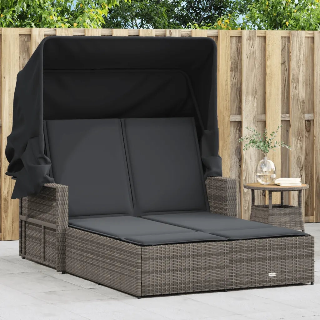 Sdraio da giardino | Lettino Doppio con Baldacchino e Cuscini Grigio in Polyrattan