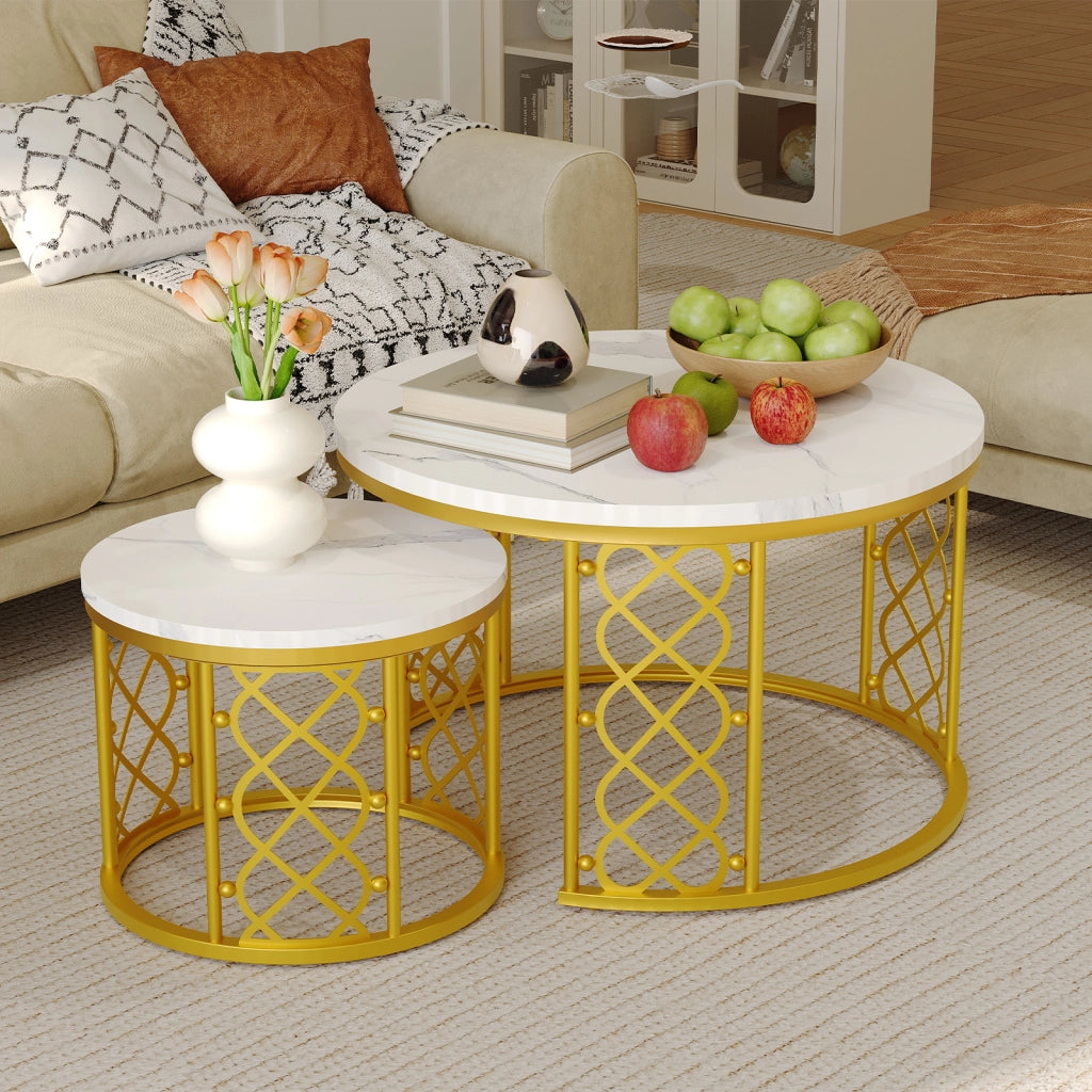 TAVOLINI DA CAFFÈ Set 2 Pezzi 70x70x45 cm Effetto Marmo Bianco con Struttura Color Oro