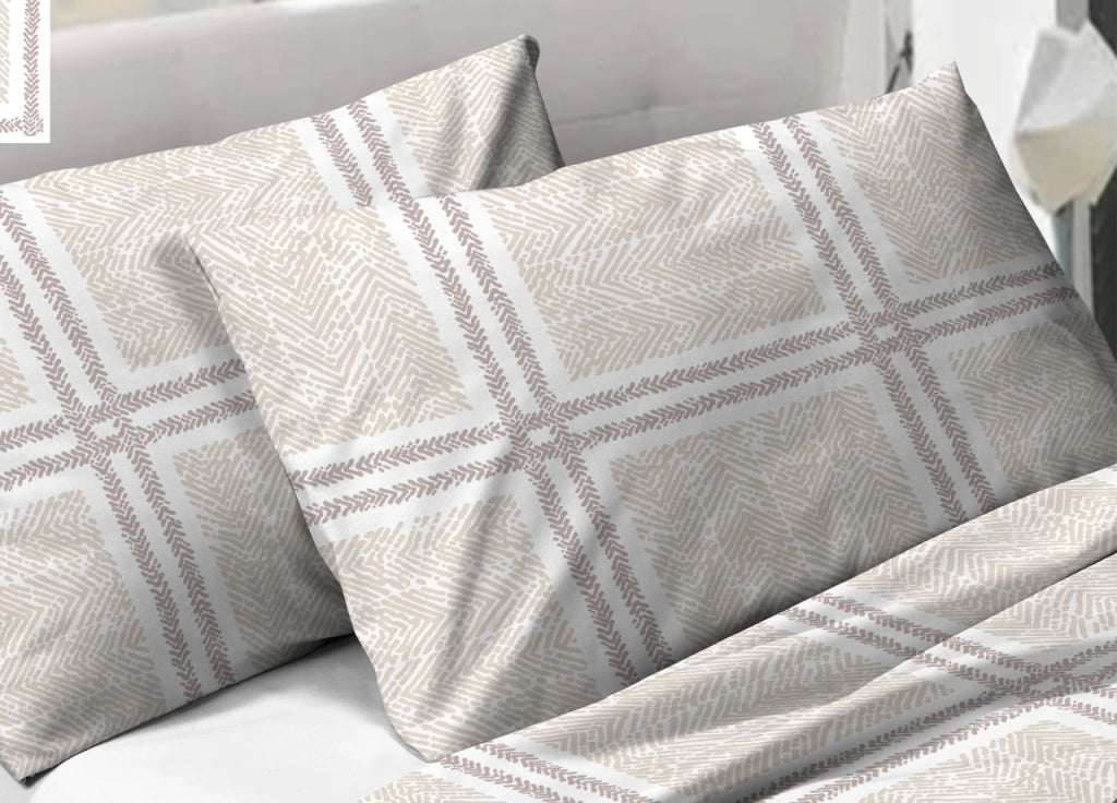 Completo Lenzuola In 100% Cotone  Disegno Tartan Colore Beige Modello O.B. - Singolo - Beige