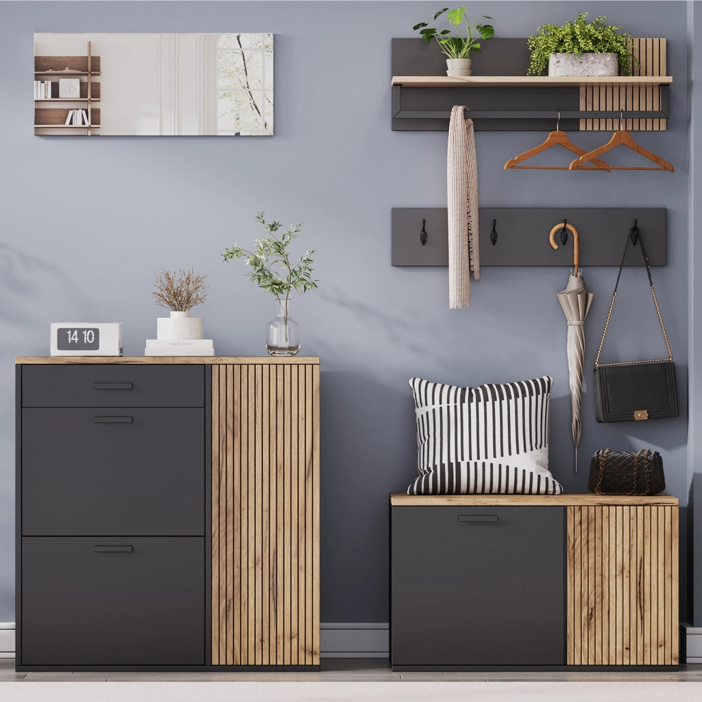 Set Ingresso 5 Pezzi con Scarpiera; Panca Porta Scarpe; Specchio; Mensola e Appendiabiti in Legno