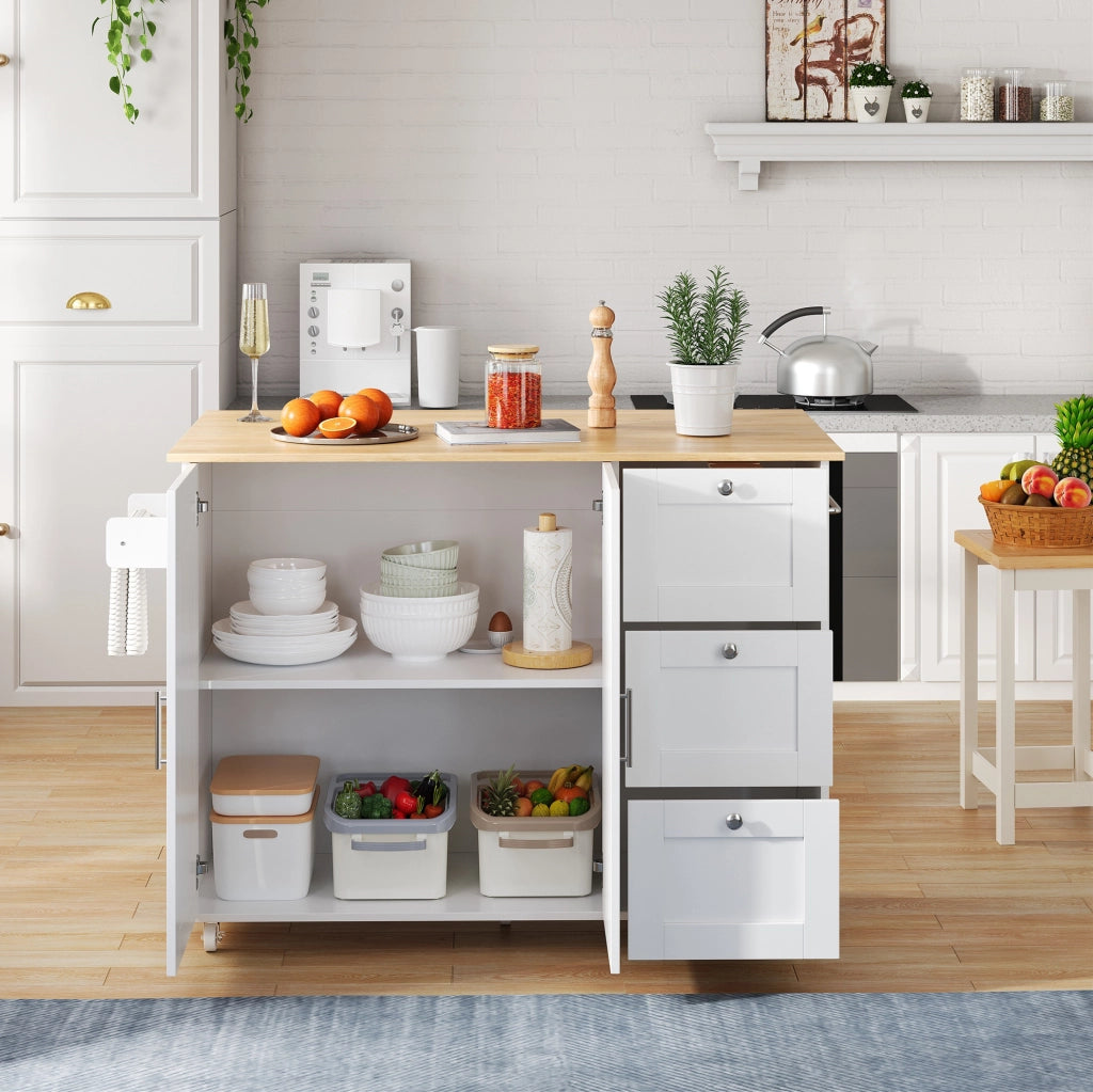Isola da cucina 135x44x90 cm pieghevole con piano estensibile in MDF bianco naturale