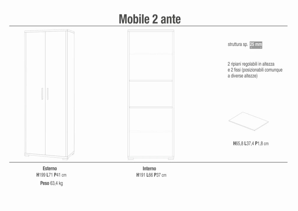 Armadio mobile 2 ante 71x41x199h cm in kit di montaggio colore Cemento e Ossido Bianco