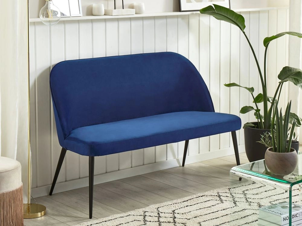 Divano da cucina Rivestimento in tessuto di velluto blu navy Struttura in metallo a 2 posti Gambe nere Panca
